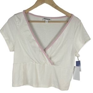 Nordstrom Abound Cropped Faux Wrap V Neck Organic Top Ivory/Pink Large NWT